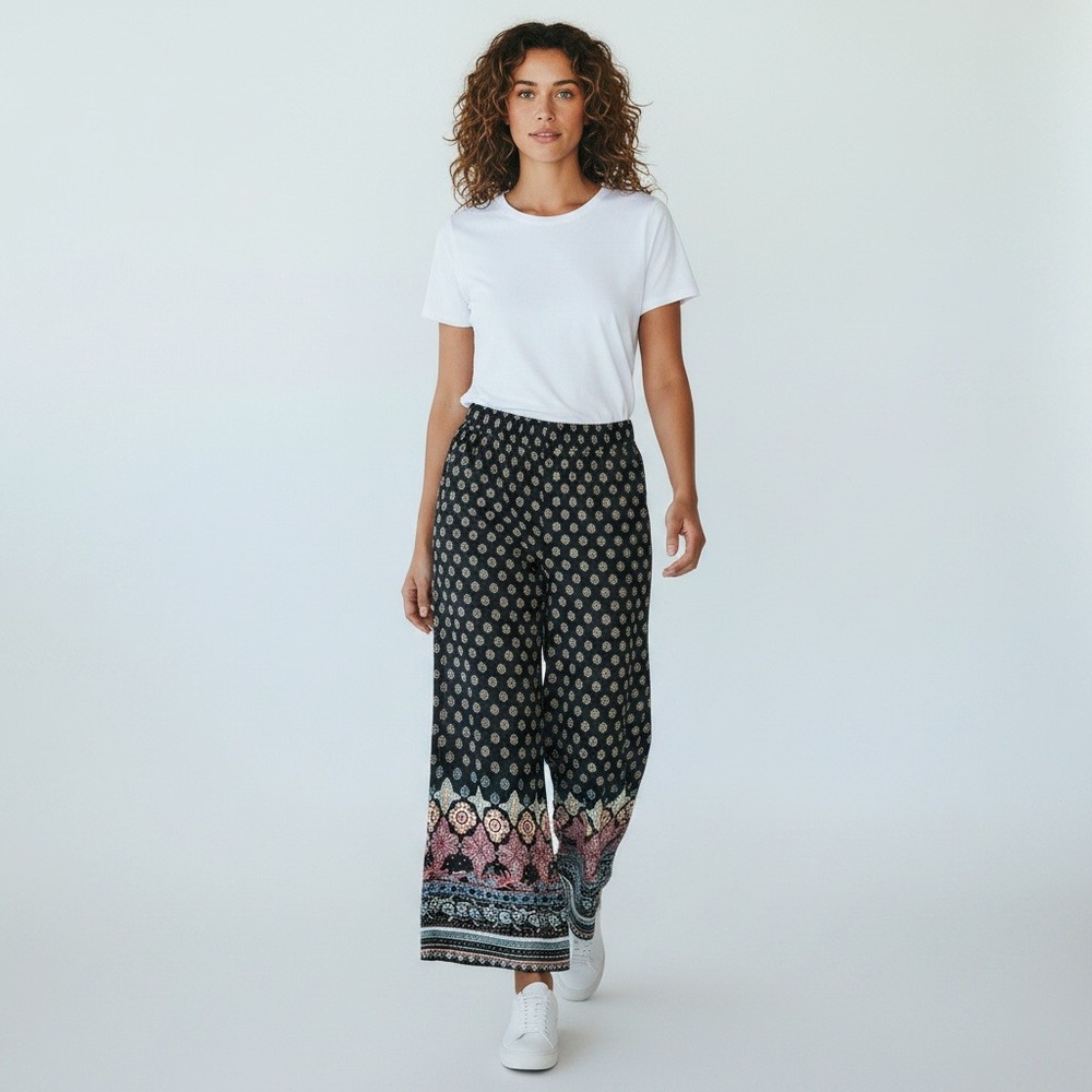 Xhilaration Wide Leg Pants Large Black Boho Medallion Border Print Palazzo
